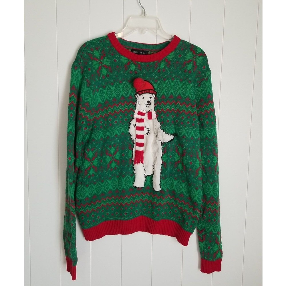 Blizzard Bay Men Ugly Christmas Sweater Polar Bear Size Small Green Winter Knit